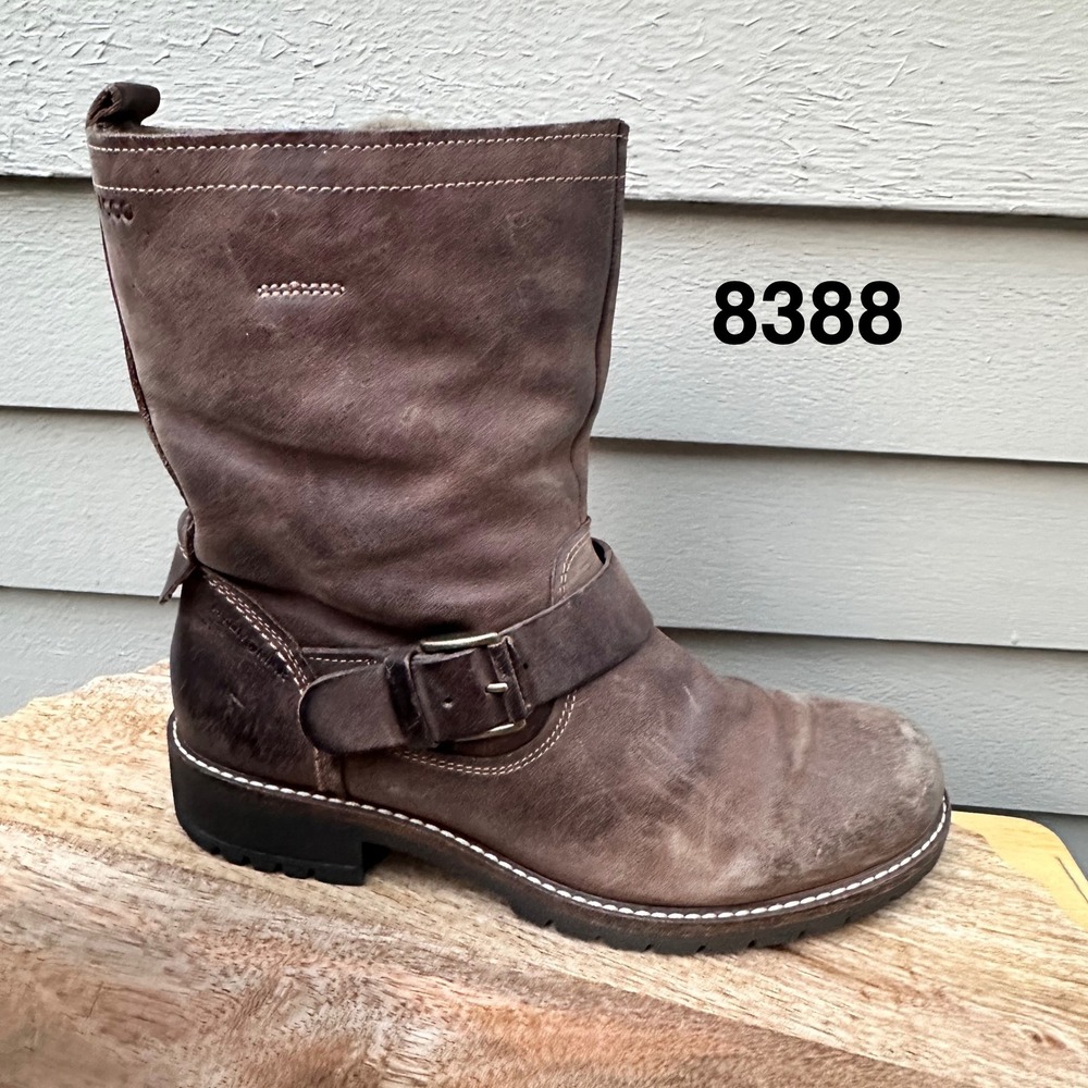 ECCO Brown Leather Moto Boots Faux Fur Lined Distressed Mid Calf Lug Sole 38